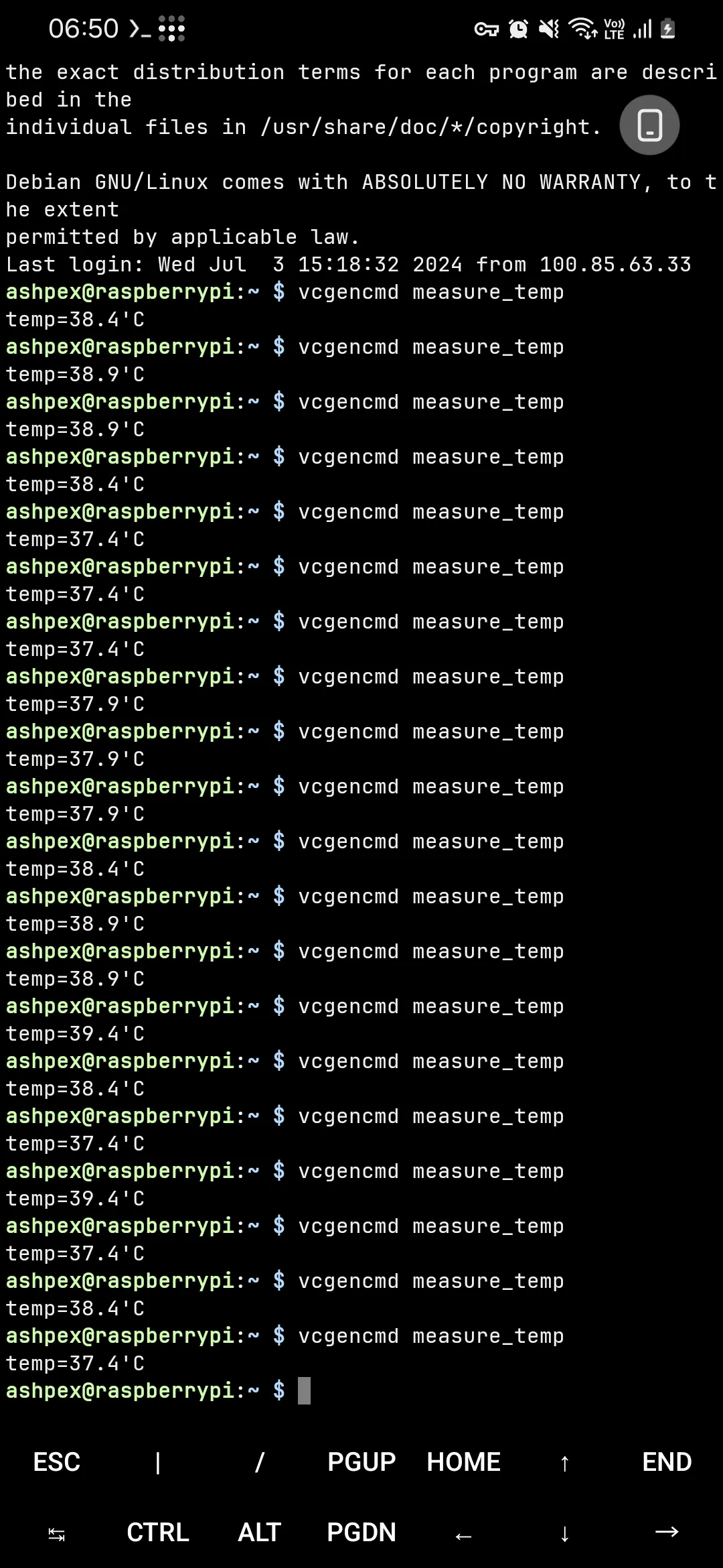 Checking my Raspberry Pi's temperature with Termux on Android phone using SSH Checking my Raspberry Pi's temperature with Termux on Android phone using SSH